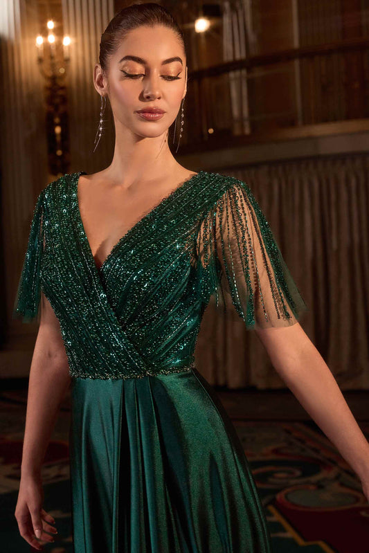 Ladivine CC447 Flutter Sleeves V-Neckline A-Line Satin Evening Gown