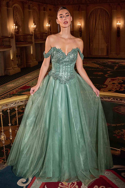 Ladivine CC471 Off Shoulder Glitter Tulle Corset Bodice A-line Ball Gown