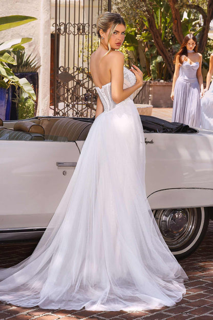 Ladivine CC492W Beaded Detachable Tulle Overskirt Fitted Off White Gown