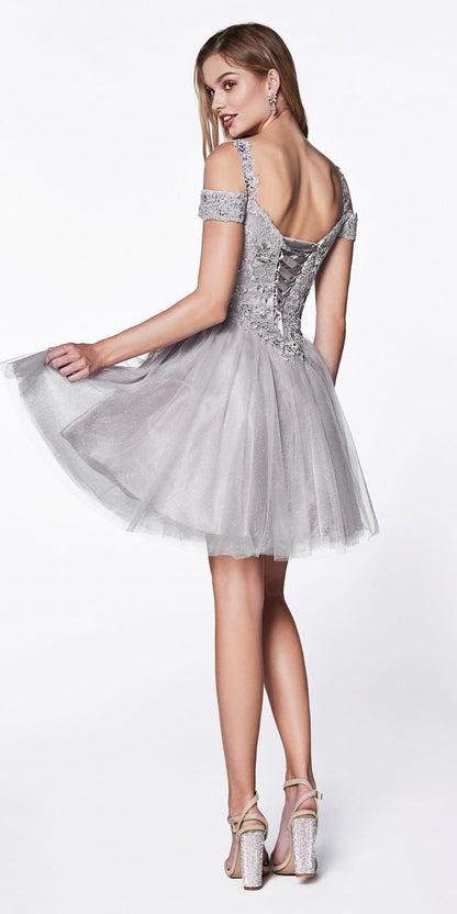 CLEARANCE - Cinderella Divine CD0132 Short A-Line Dress Off Shoulder Glitter Tulle Skirt (Size S)