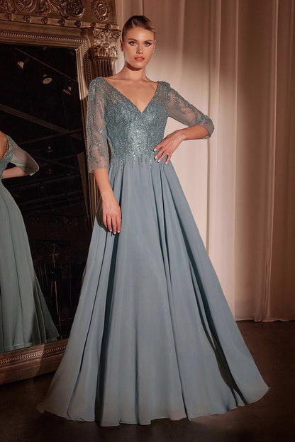 Cinderella Divine CD0171 Flowy Chiffon A-Line Gown 3/4 Length Sleeves