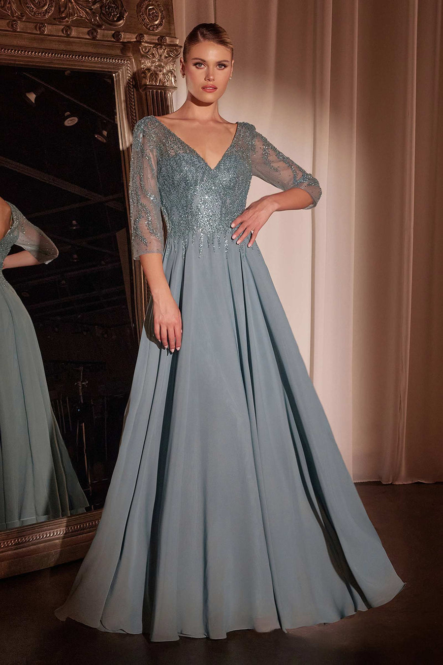 Cinderella Divine CD0171 Flowy Chiffon A-Line Gown 3/4 Length Sleeves