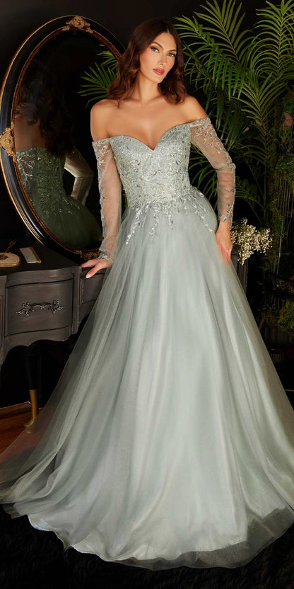 Cinderella Divine CD0172 A-Line Layered Tulle Gown Off The Shoulder Long Sleeve