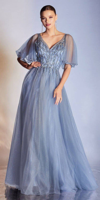 Cinderella Divine CD0175 Floor Length Layered Tulle A-Line Gown Butterfly Sleeve