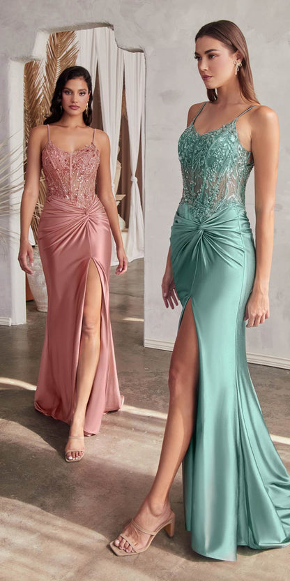 Ladivine CD0176 Long Fitted Satin Gown Sheer Embellished Boned Bodice