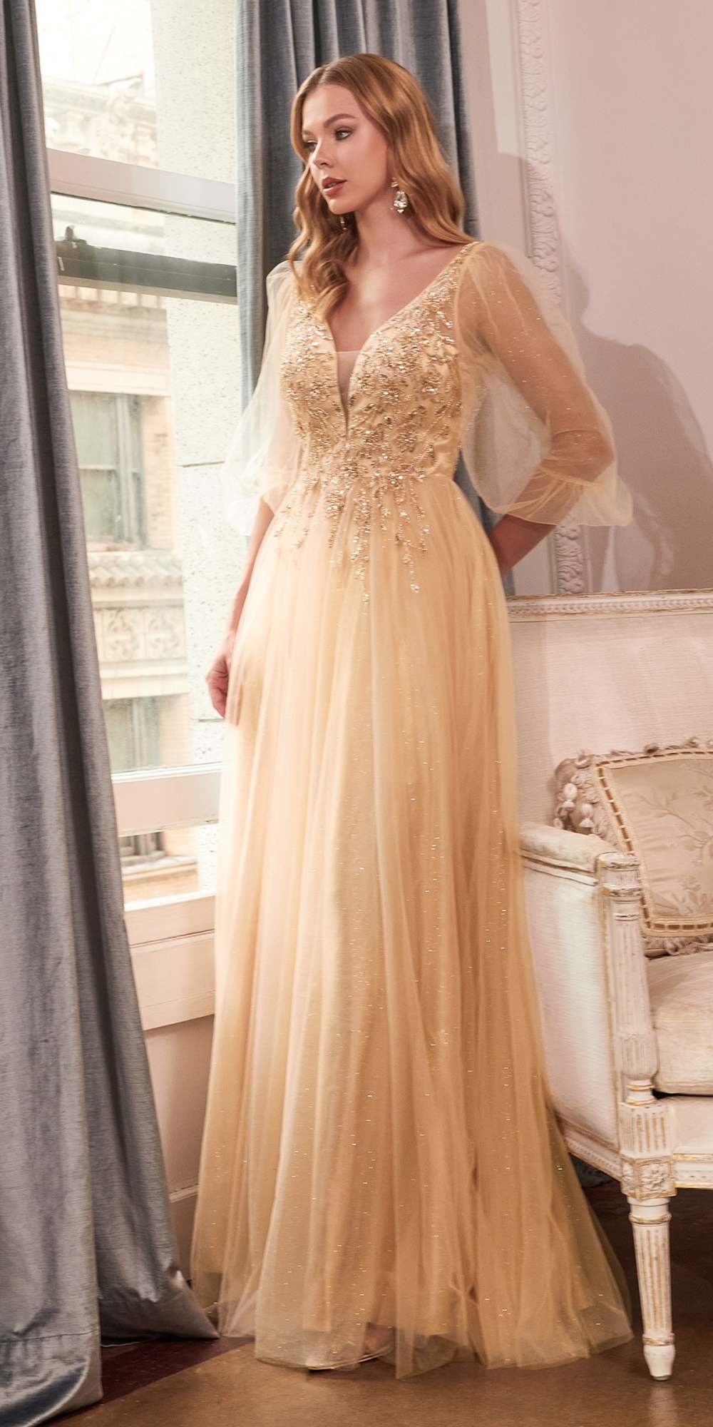 Cinderella Divine CD0182 Glitter Tulle A-Line Formal Dress
