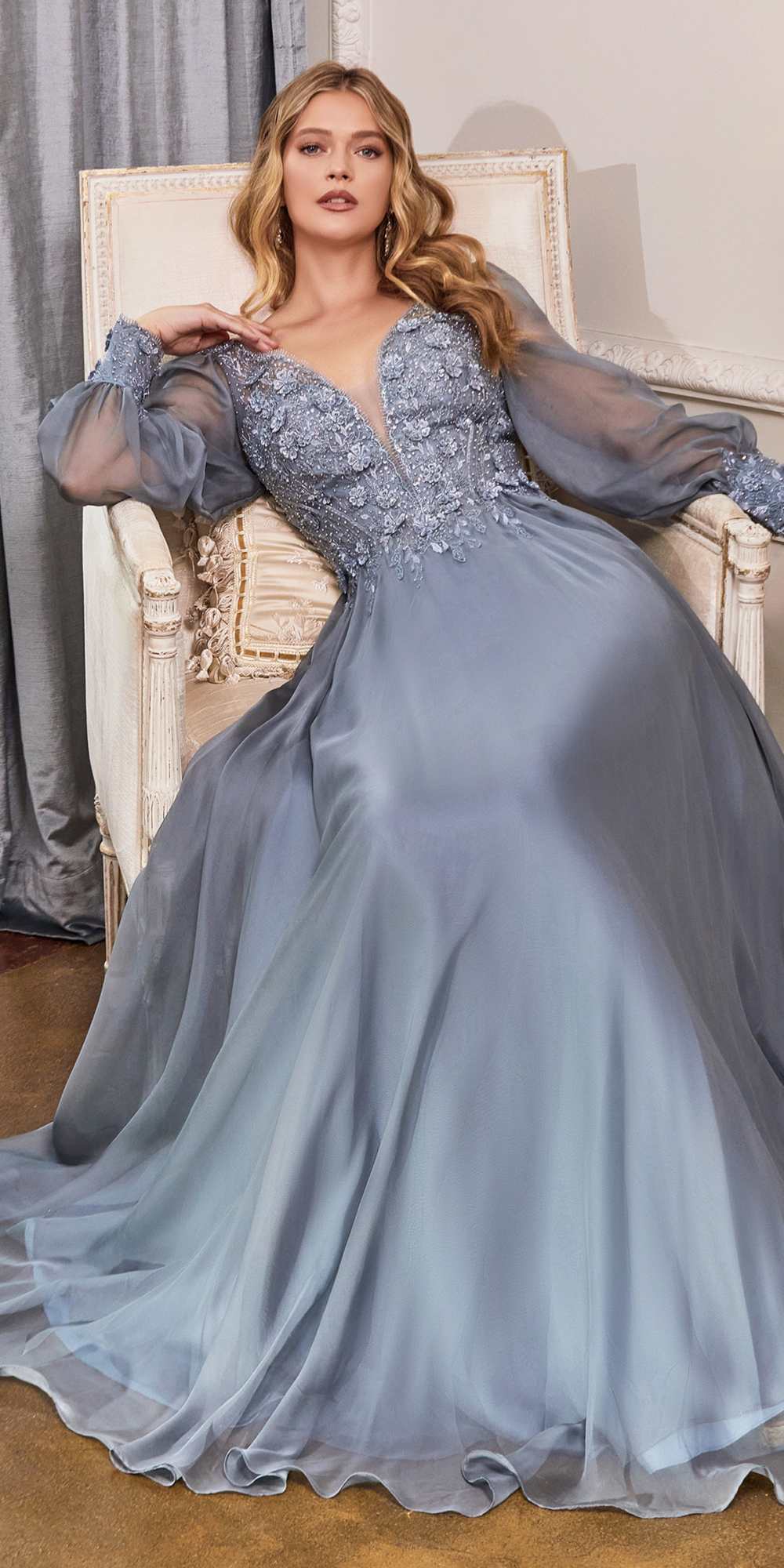 Cinderella Divine CD0183 Vestido de gala formal de gasa de manga larga abullonada