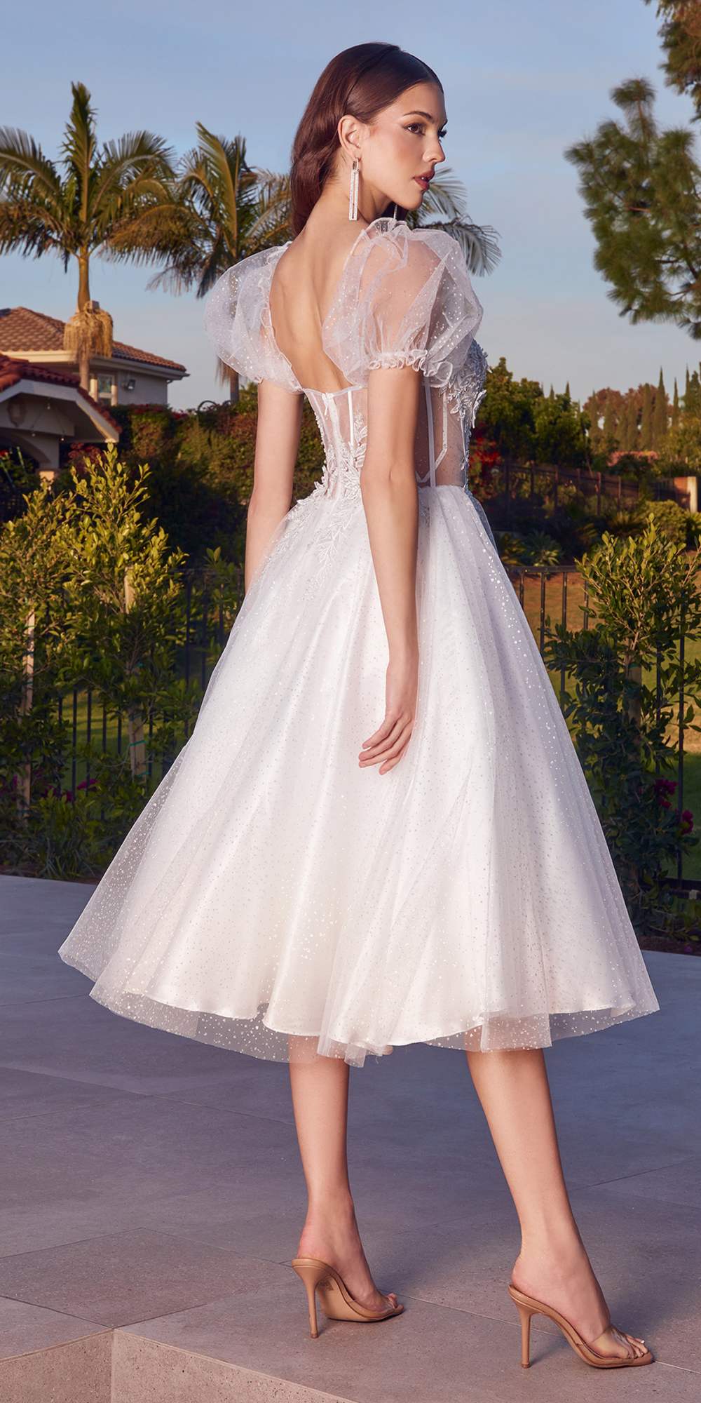 Ladivine CD0187W Tea Length Layered Tulle Dress with Short Puff Sleeves