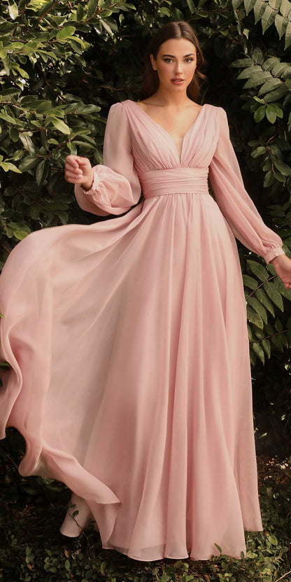 Cinderella Divine CD0192 Long Sleeve A-Line Chiffon Dress