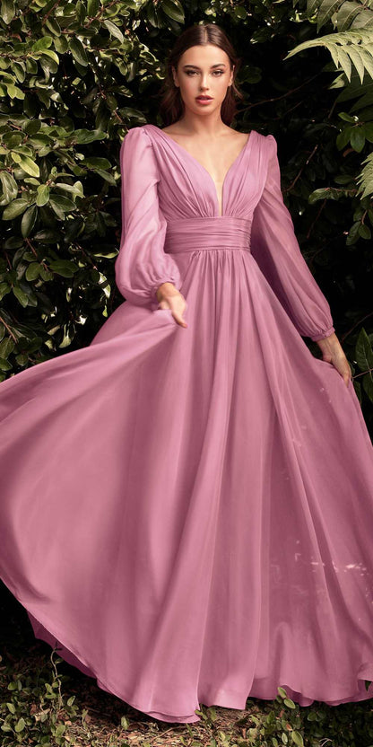 Cinderella Divine CD0192 Long Sleeve A-Line Chiffon Dress