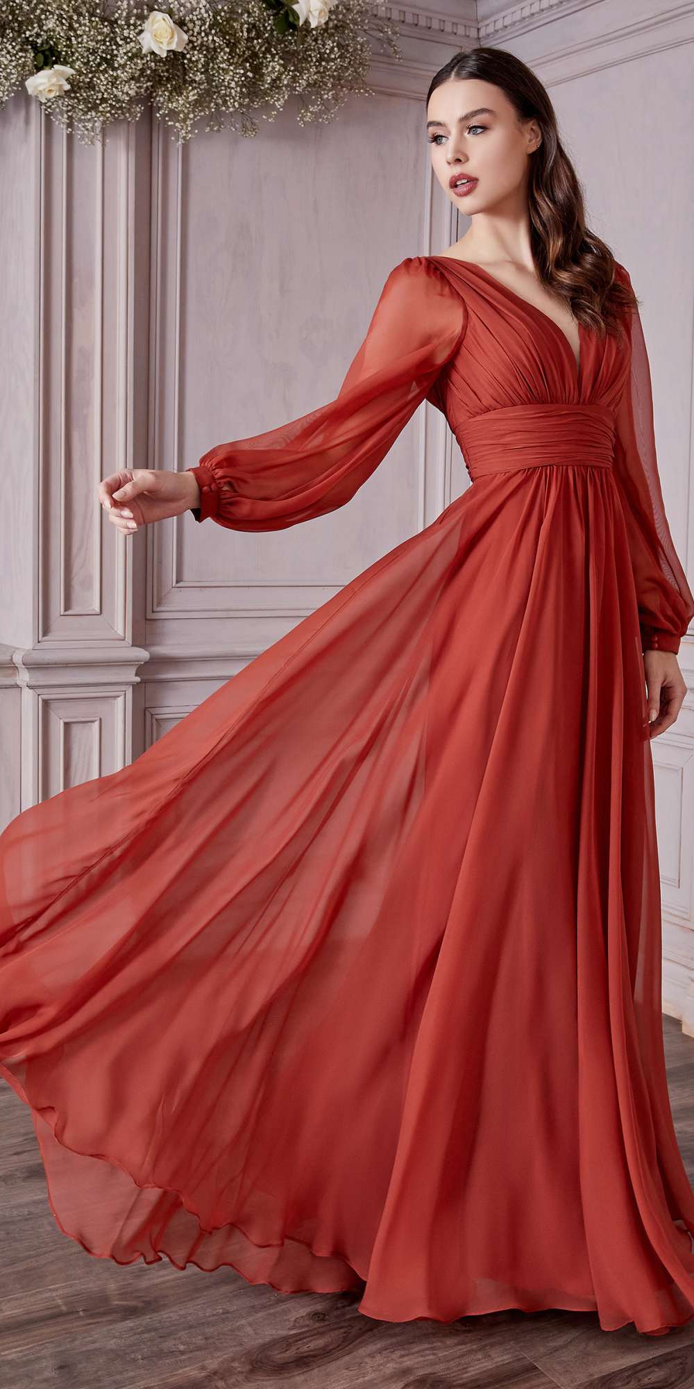 Cinderella Divine CD0192 Long Sleeve A-Line Chiffon Dress