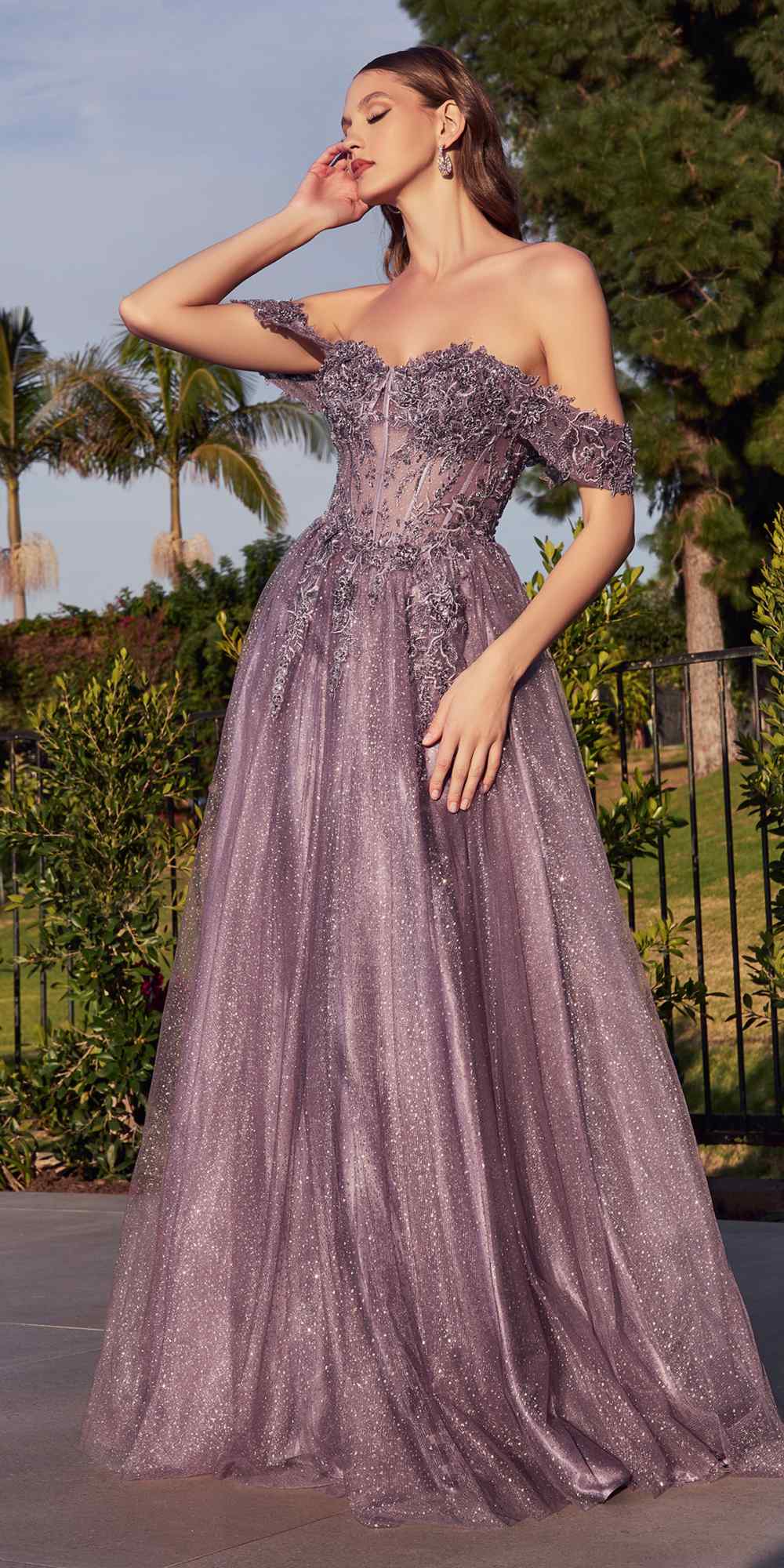 Cinderella Divine CD0198 Vestido largo de encaje con corte A y mangas Bardot