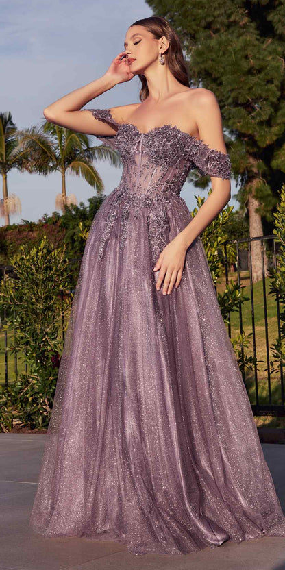 Cinderella Divine CD0198 Long Lace A-Line Gown with Off the Shoulder Sleeves