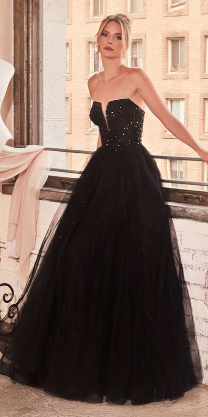 Ladivine CD0217 Long A-Line Strapless Sequin Bodice Glitter Tulle Skirt Dress