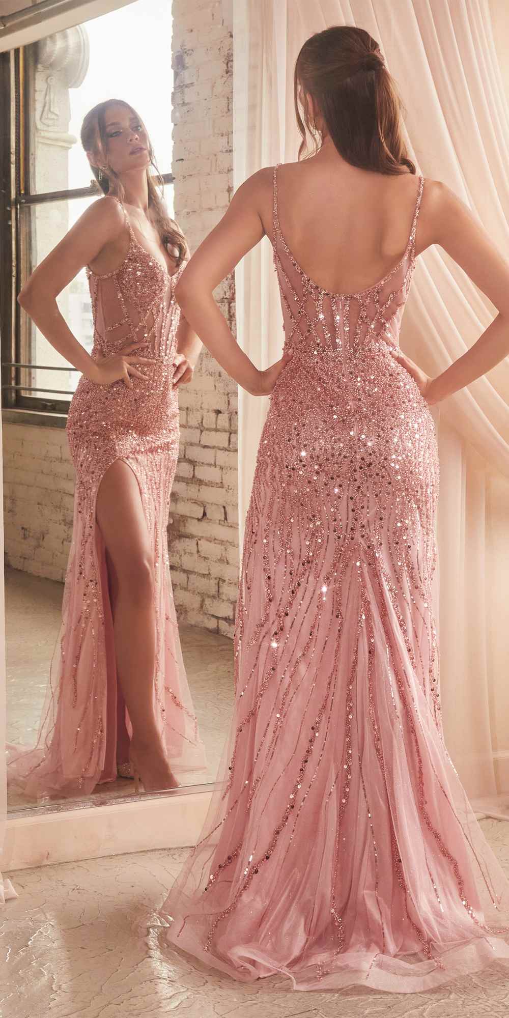 Vestido de noche largo y ajustado Ladivine CD0220 con lentejuelas, abertura y estilo sexy formal