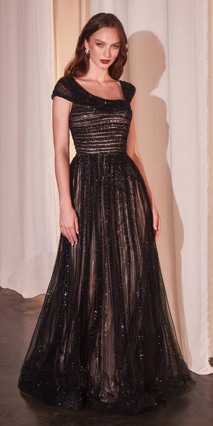 CLEARANCE - Ladivine CD0238 Off The Shoulder A-Line Beaded Black/Nude Gown (Size 10)