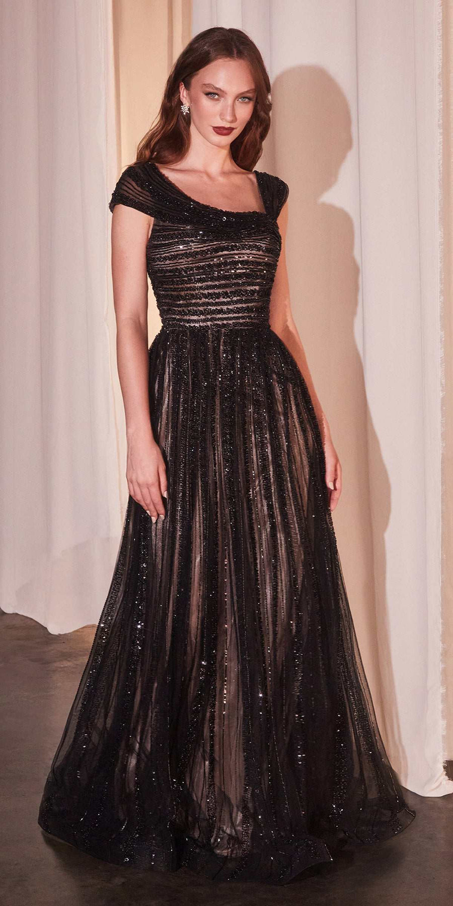CLEARANCE - Ladivine CD0238 Off The Shoulder A-Line Beaded Black/Nude Gown (Size 10)