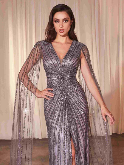 Ladivine CD0239 Long Sleeve Fully Beaded Sheath Gown