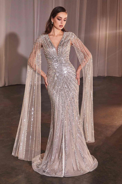 Ladivine CD0239 Long Sleeve Fully Beaded Sheath Gown