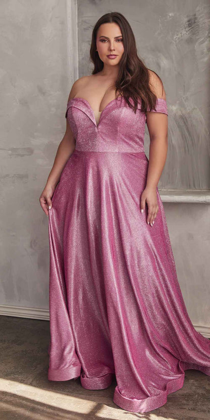 Cinderella Divine CD210C Off The Shoulder A-Line Gown Metallic Glitter