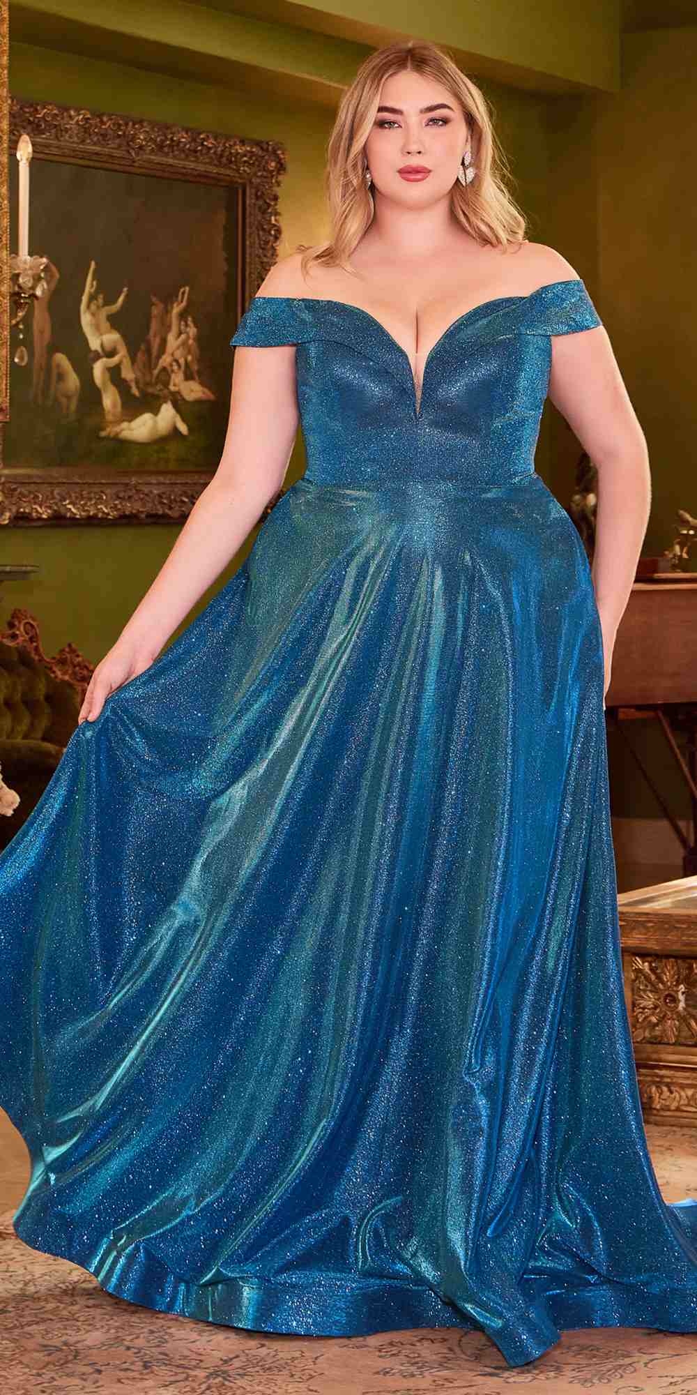 Cinderella Divine CD210C Vestido de Noche Acampanado con Hombros Descubiertos y Brillo Metálico
