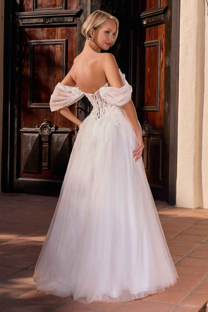 Ladivine CD2426W Off-Shoulder Corset Tulle Ball Gown with Floral Applique