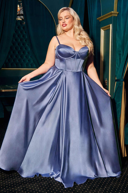 Ladivine CD337C Long A-Line Slit Satin Bustier Prom Dress