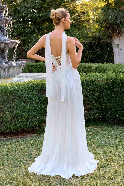 Ladivine CD410W Sculpted Sweetheart Pleated Chiffon A-Line Dress
