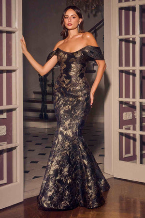 Ladivine CD640 Black/Gold Off Shoulder Fitted Mermaid Gown