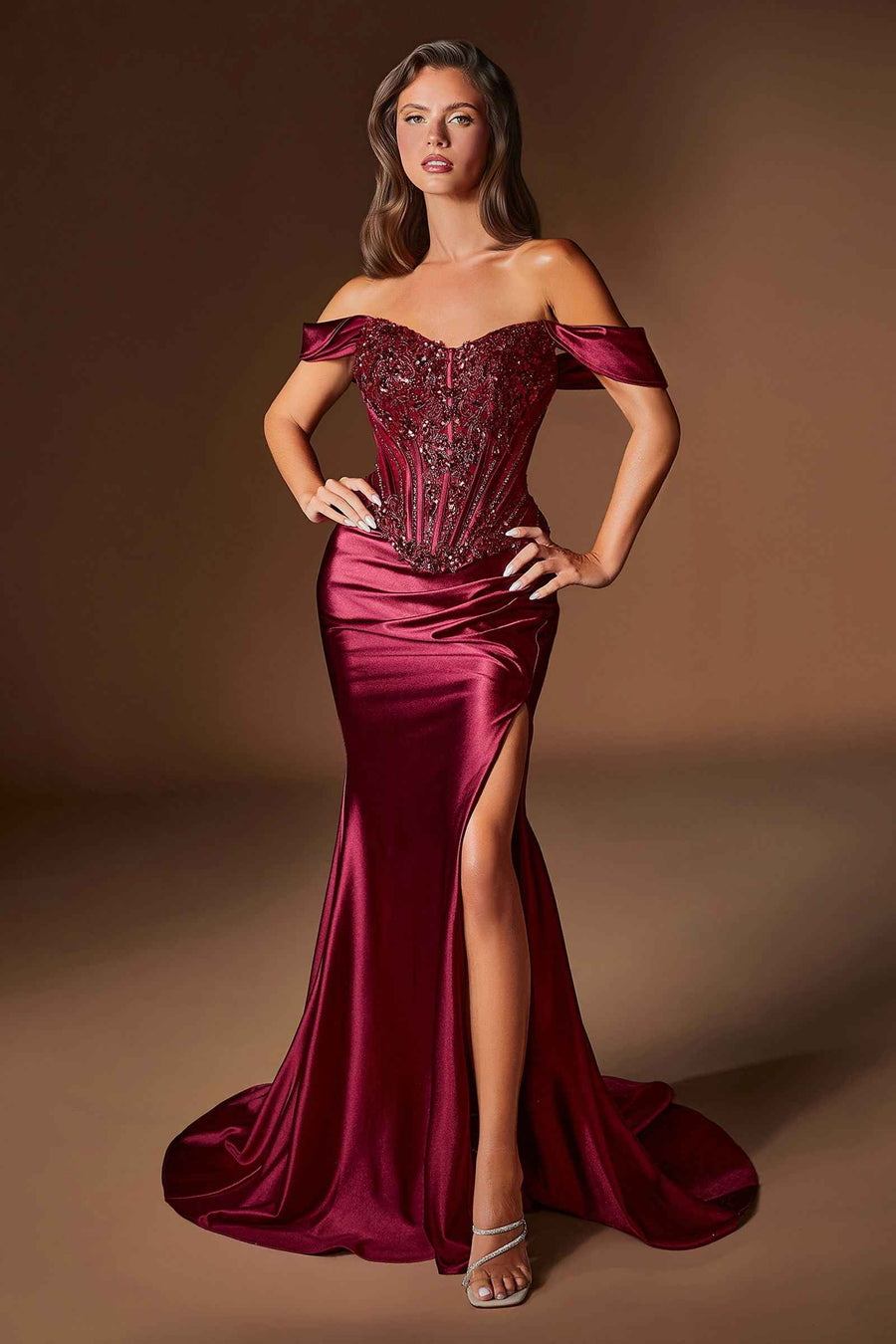 Ladivine CD656 Off the Shoulder Embellished Corset Bodice Fitted Gown