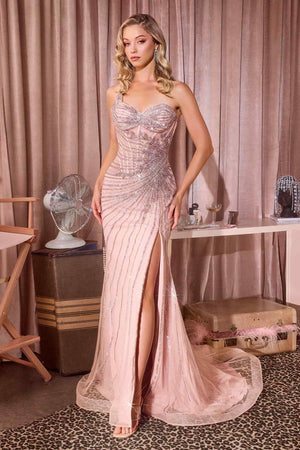 CLEARANCE - Ladivine CD677 Breathtaking One Shoulder Beaded Pink/Gold Gown (Size 12)