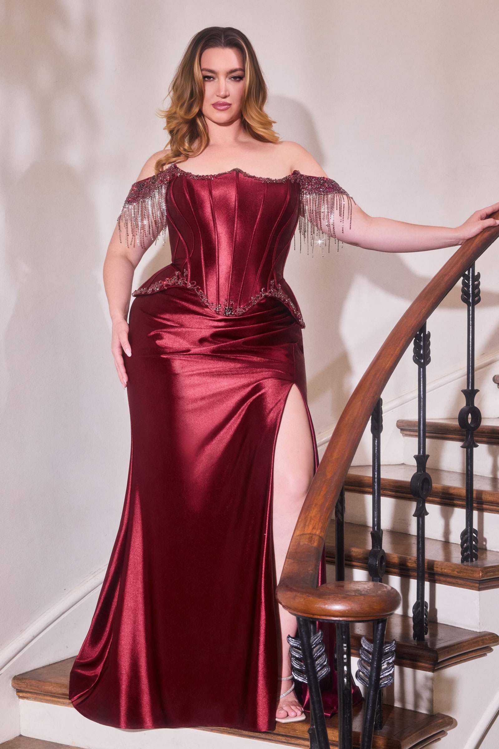 Ladivine CD688 Luxurious Stretch Satin Off Shoulder Fitted Evening Gown