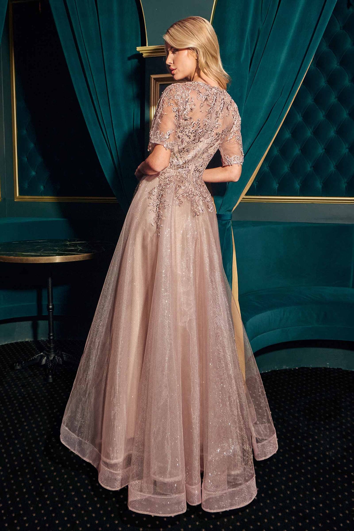 Ladivine CD726 Half Sleeve Mocha V-Neck A-Line Layered Glitter Gown