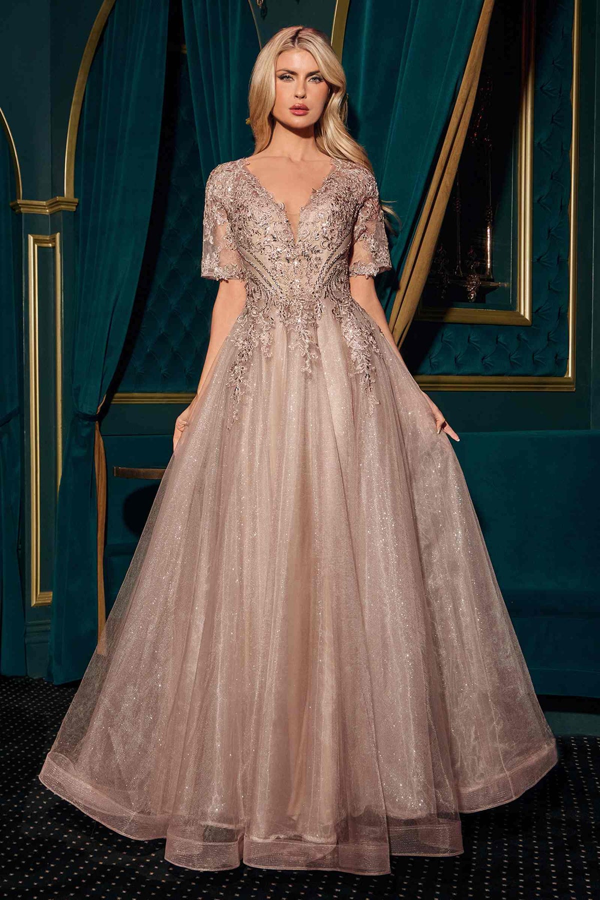 Ladivine CD726 Half Sleeve Mocha V-Neck A-Line Layered Glitter Gown