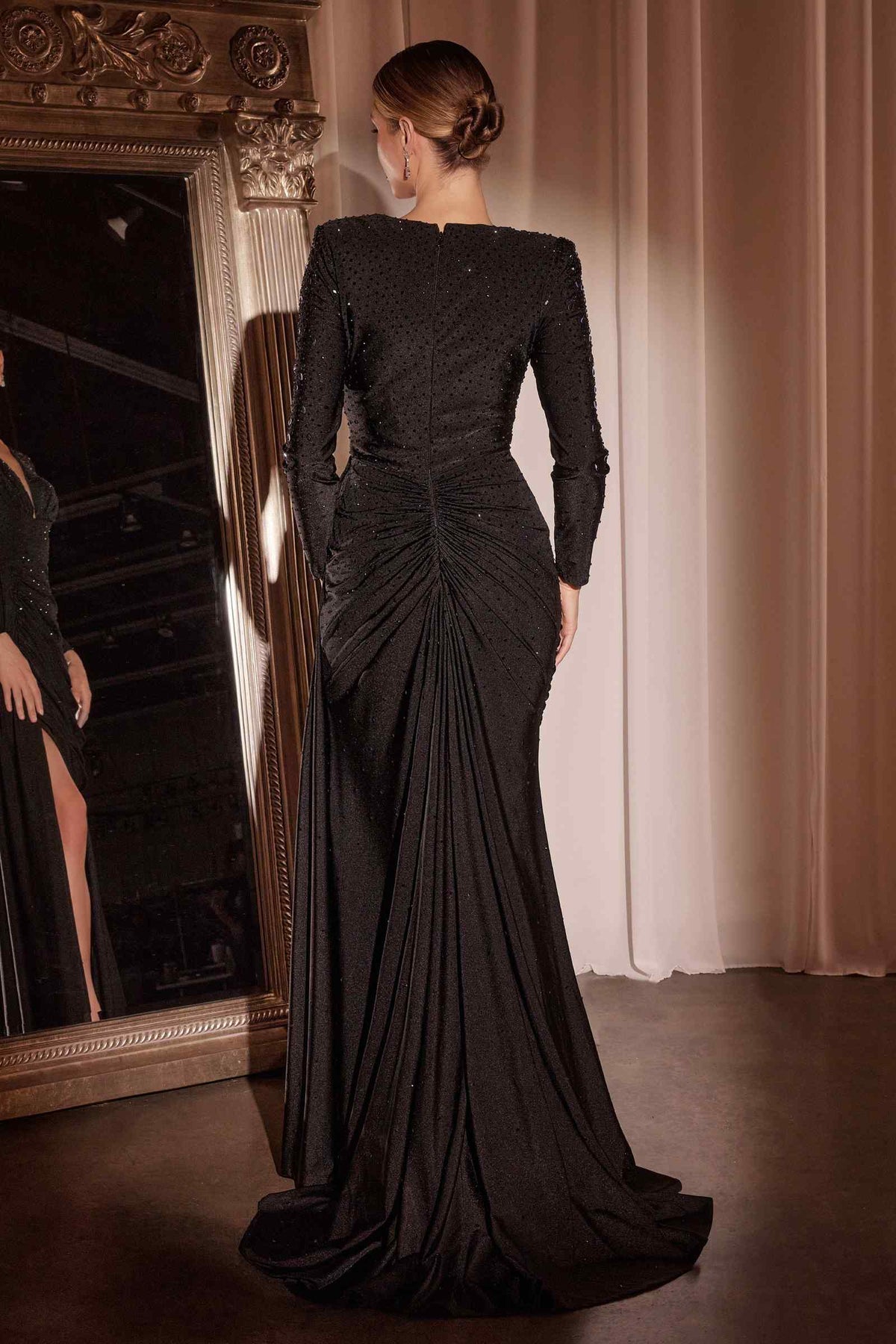 Ladivine CD788 Dress Long Sleeve Stretch Satin Embellished Gown