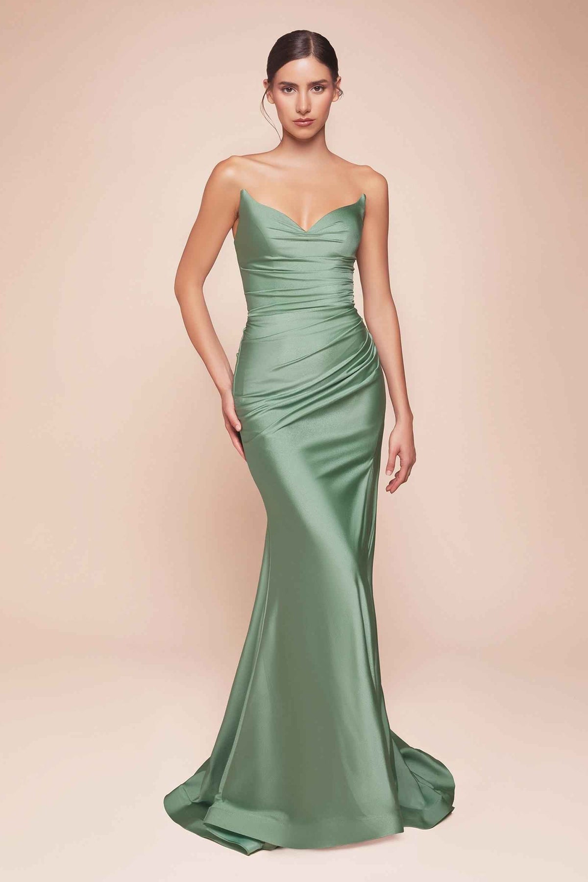 Vestido Ladivine CD791, vestido entallado de satén elástico sin tirantes con abertura