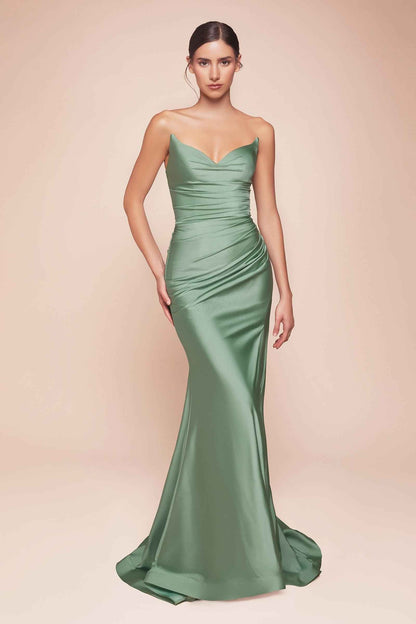 CLEARANCE - Ladivine CD791 Dress Strapless Stretch Satin Fitted Dusty Rose Gown (Size 8)