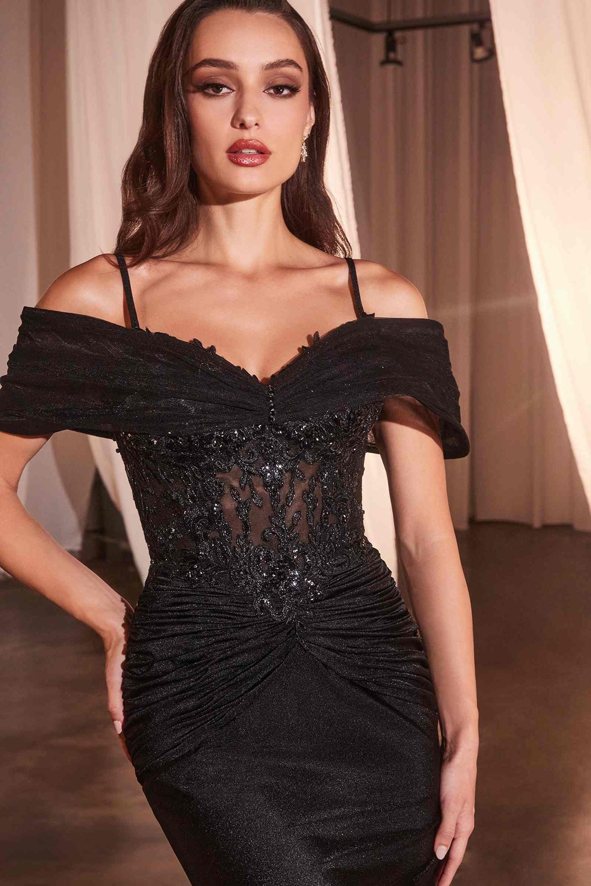 Ladivine CD798 Fitted Satin & Lace Gown With Off The Shoulder Accessory