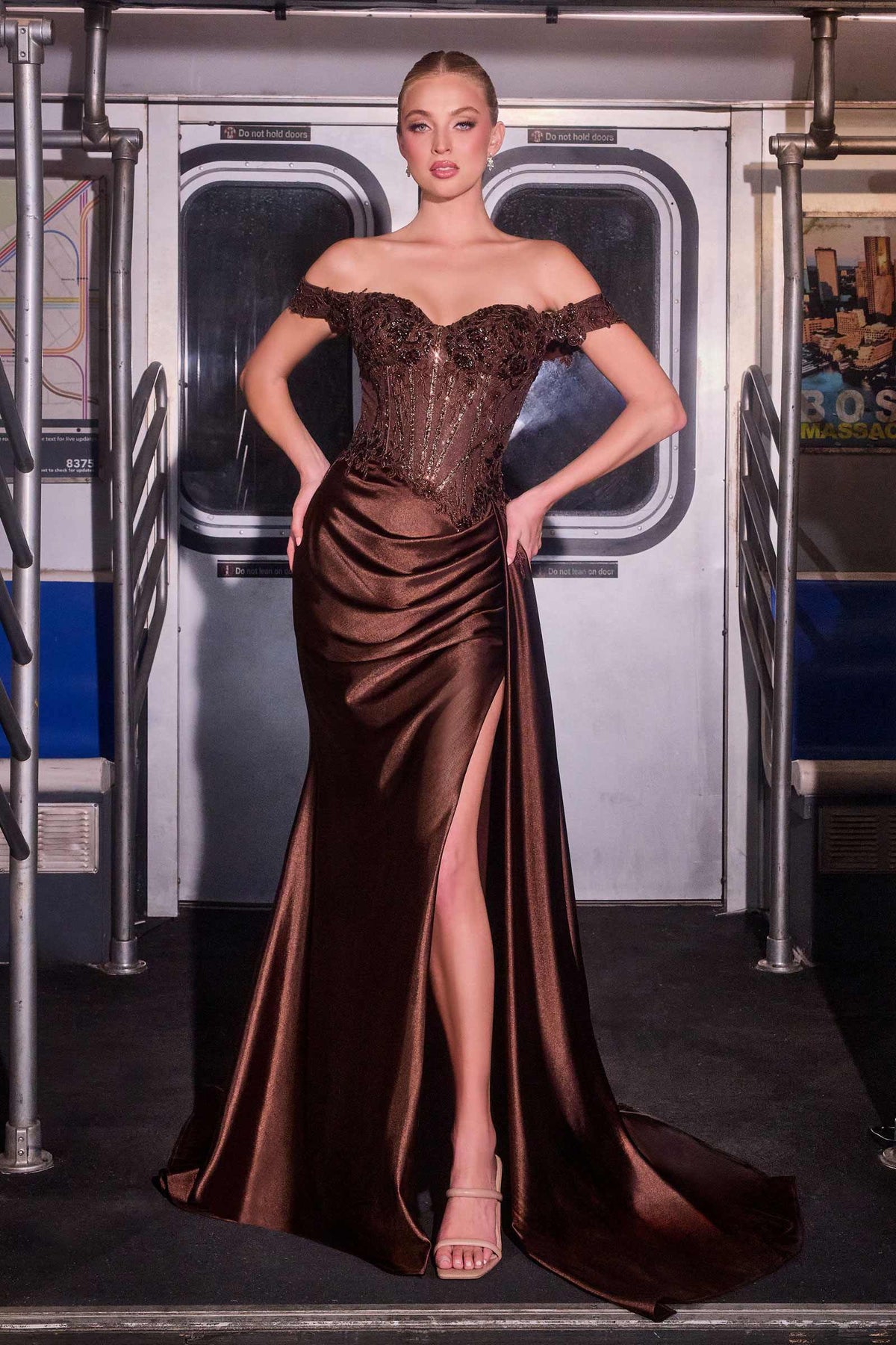 CLEARANCE - Ladivine CD803 Off The Shoulder Lace & Satin Fitted Mocha/Gold Gown (Size 4)