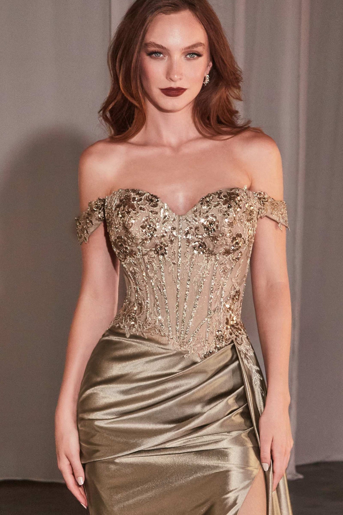 CLEARANCE - Ladivine CD803 Off The Shoulder Lace & Satin Fitted Mocha/Gold Gown (Size 4)