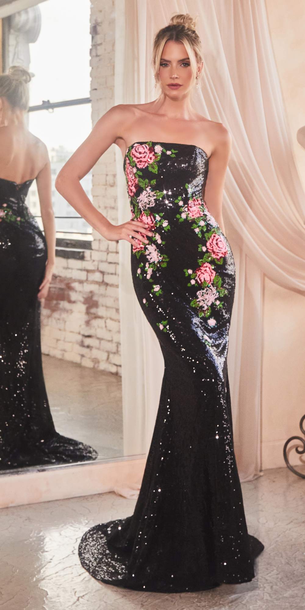 Ladivine CD811 Long Strapless Floral Print Pattern Sequin Dress