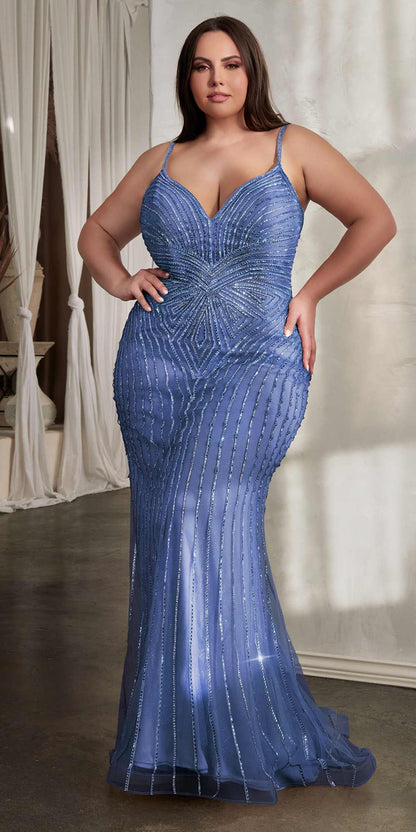 Ladivine CD845 Long Layered Tulle Embellished Rhinestone Gown