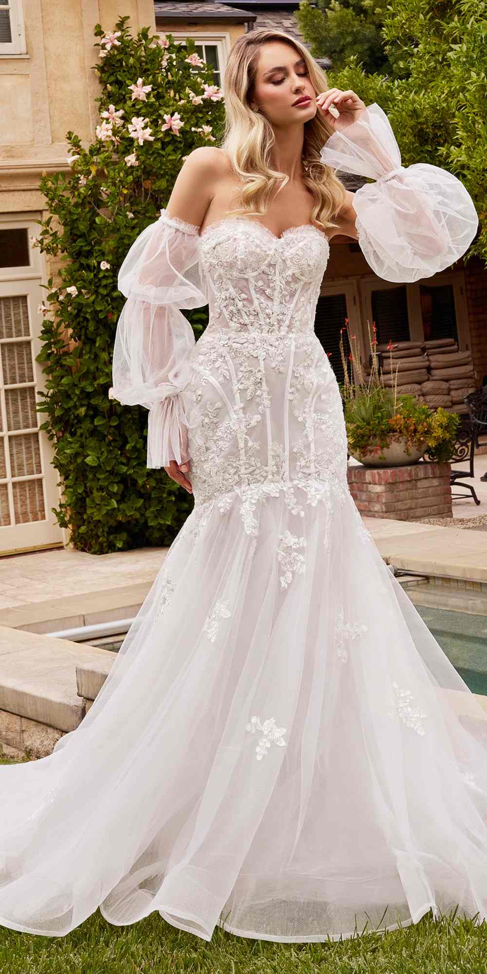 Ladivine CD858W Long Strapless Mermaid Dress Removable Sleeves
