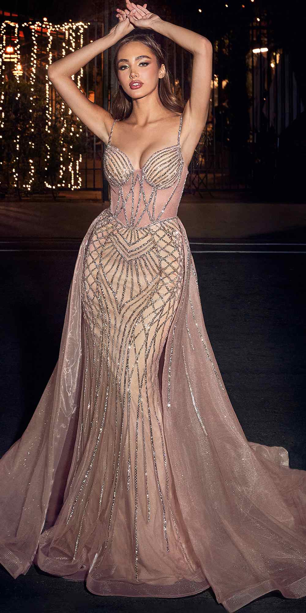 Ladivine CD863 Floor Length Fitted Beaded Tulle Fabric Red Carpet Gown