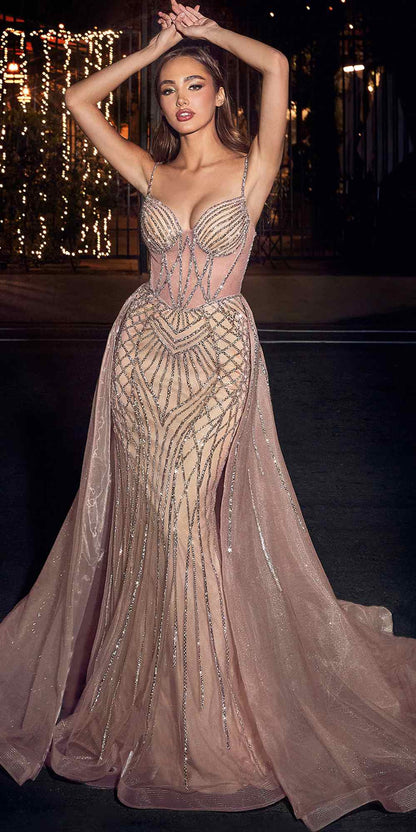 CLEARANCE - Ladivine CD863 Floor Length Fitted Beaded Tulle Rose Champagne Gown (Size 10)
