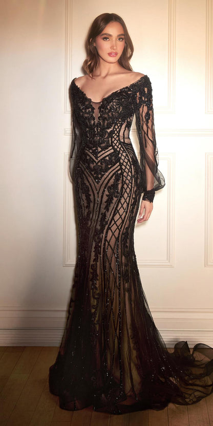 Ladivine CD864 Long Bishop Sheer Sleeve V-Neckline Embellished Gown