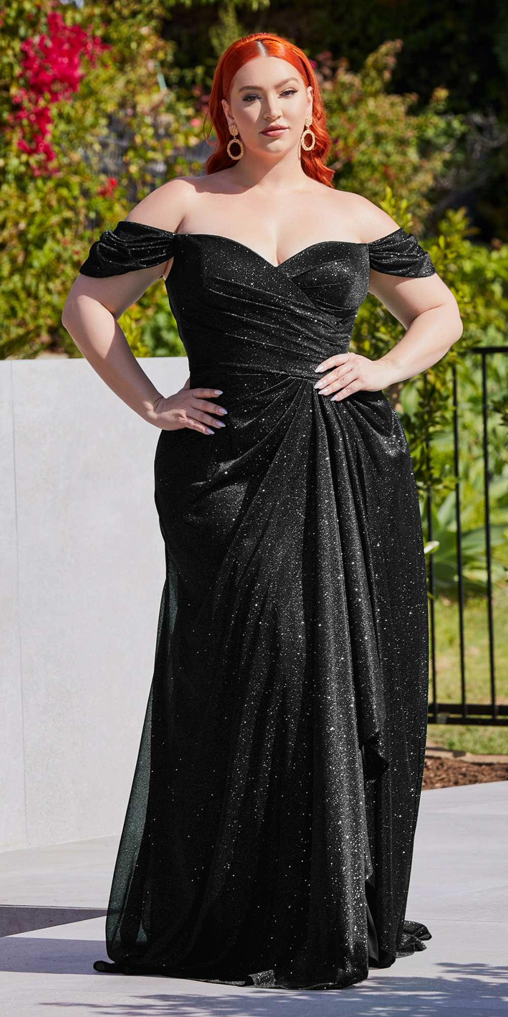Ladivine CD878 Floor Length Off the Shoulder Glitter Gown