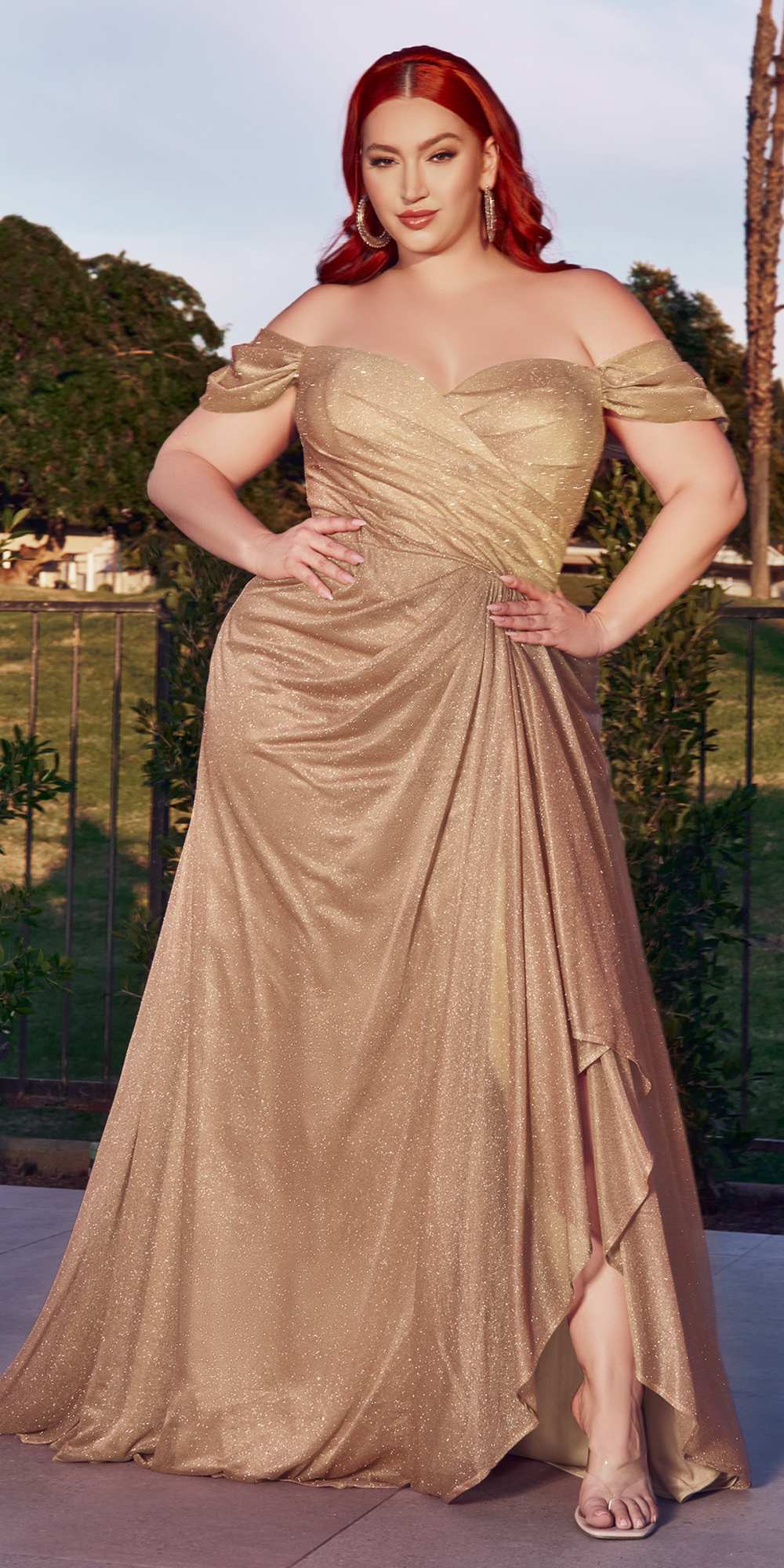 Ladivine CD878 Floor Length Off the Shoulder Glitter Gown