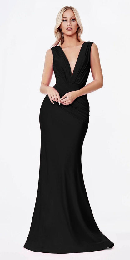 Cinderella Divine CD912 Fitted Jersey Gown Ruched Waistline Pleated Deep V-Neckline