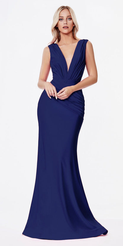 Cinderella Divine CD912 Fitted Jersey Gown Ruched Waistline Pleated Deep V-Neckline